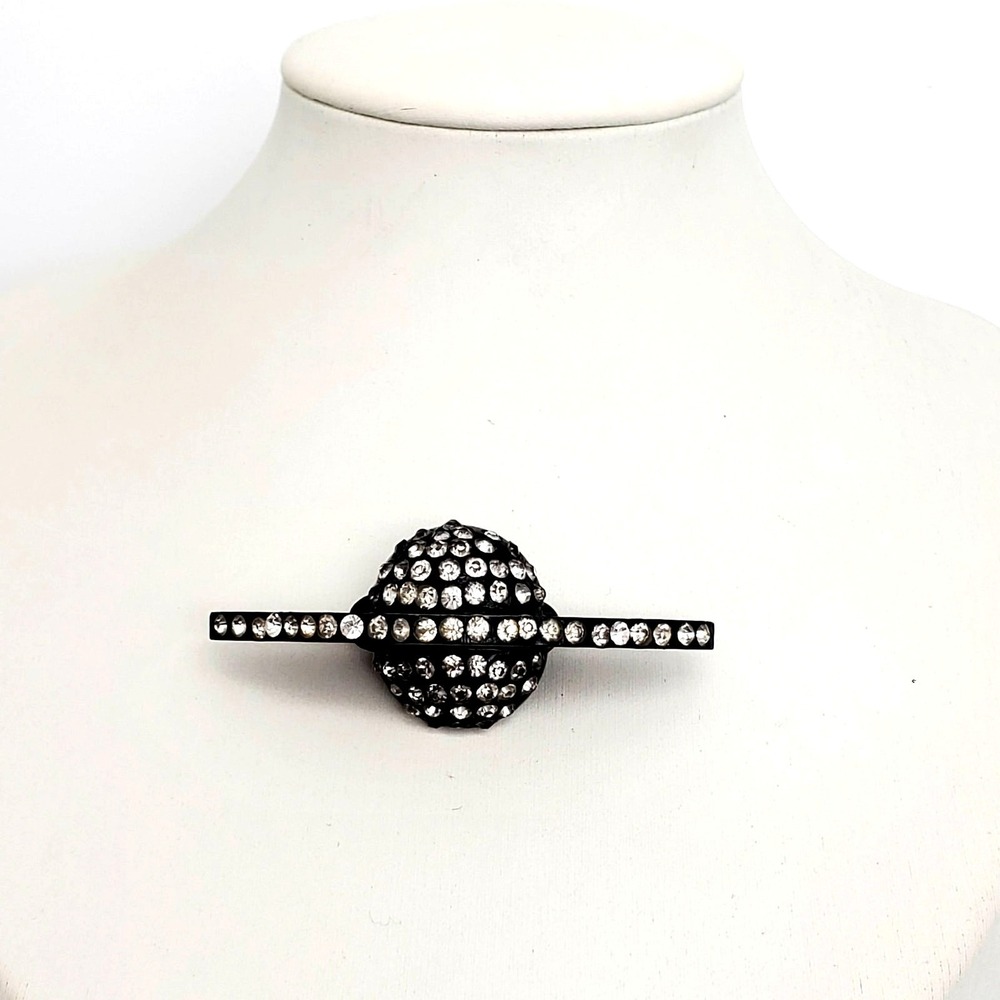 Vintage Saturn Planet Brooch Black Celluloid Rhinestone Pin Celestial Jewelry